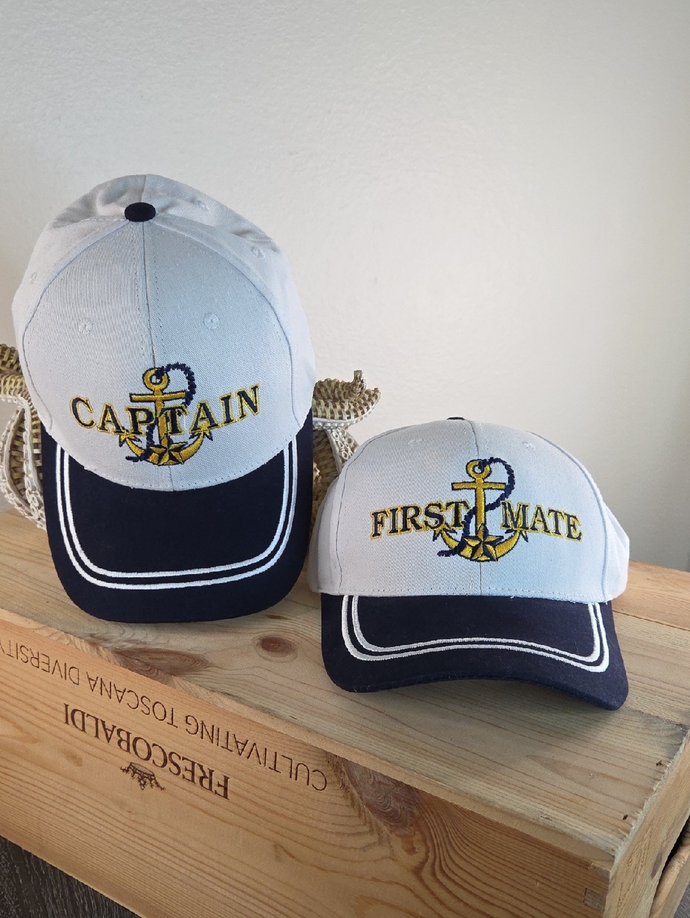 Captain&First Mate Hats Sold As A Set.  White & Navy   Baseball Cap 2 for $25